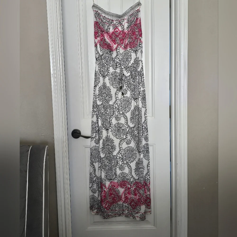 Hale Bob Strapless Maxi Dress Black White Paisley Pink Embroidered Drawstring S - Picture 7 of 14